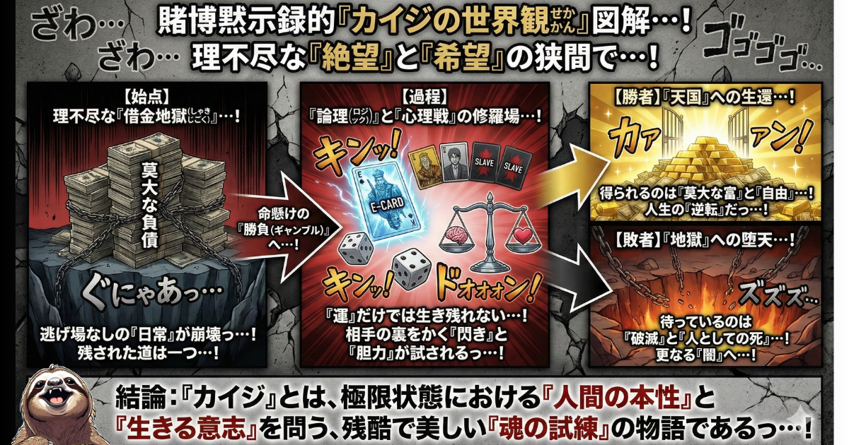 【図解】賭博黙示録カイジの世界観とストーリー構造:始点「借金地獄(日常崩壊)」→過程「論理と心理戦のギャンブル(Eカード・チンチロ)」→結果「勝者(富と自由)or 敗者(破滅と地獄)」の分岐フロー。極限状態における人間の本性と生きる意志を問う物語
