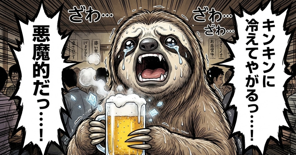 【カイジ名言】「キンキンに冷えてやがるっ…!」「悪魔的だっ…!」:地下チンチロ編のビールを飲む名シーンのパロディ。極限状態での「小さな快楽(報酬)」が、長期的な資産形成を阻害し、貧困のループに引きずり込む心理的罠(ドーパミン中毒)の図解