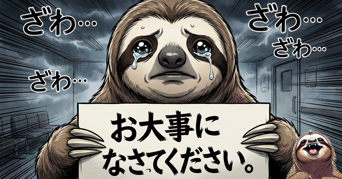 【イラスト】カイジ風の背景で涙ぐむナマケモノ:「ざわ…ざわ…」という効果音の中、「お大事になさってください。」というフリップを掲げる画像。過酷な資本主義社会で戦う読者への労りと、健康管理(命の保全)へのメッセージ