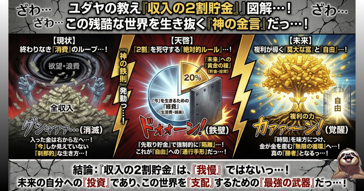 【図解】ユダヤの教え(バビロンの大富豪)「収入の2割貯金」の実践:全収入を浪費してしまう「消費のループ」から脱出し、先取り貯金で「黄金の種(投資元本)」を作り、複利の力で「経済的自由」を達成するまでのロードマップ