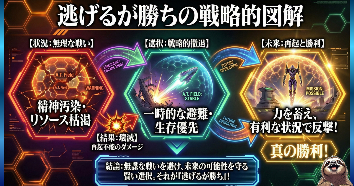 【図解】「逃げるが勝ち」の戦略的メカニズム：1.無理な戦いによる精神汚染（メンタル崩壊の危機）、2.戦略的撤退（生存優先の緊急脱出）、3.再起と勝利（未来の可能性）へのプロセス図。心が壊れる前に逃げることが「真の勝利」に繋がる理由
