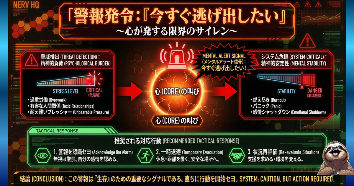 【図解】心の限界サイン「今すぐ逃げ出したい」の警報メカニズム：過重労働や人間関係などの精神的負荷（脅威）により、ストレスレベルが危険域に達した状態。燃え尽きやパニックを防ぐため、直ちに「一時退避」などの対応行動を推奨するエヴァ風チャート
