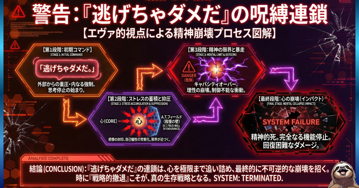 【図解】「逃げちゃダメだ」が招く精神崩壊プロセス：1.初期コマンド（思考停止）、2.ストレスの蓄積と抑圧（感情封印）、3.精神の限界と暴走（キャパシティオーバー）、4.心の崩壊（システムダウン）へと至る危険な連鎖をエヴァ風に解説