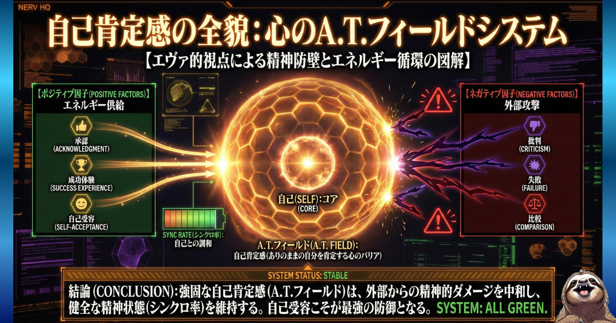 【図解】自己肯定感（心のA.T.フィールド）のメカニズム：承認・成功体験・自己受容をエネルギー源として強力なバリアを展開し、批判・失敗・比較などの「外部攻撃」を中和して心（コア）を守るエヴァ風システム図