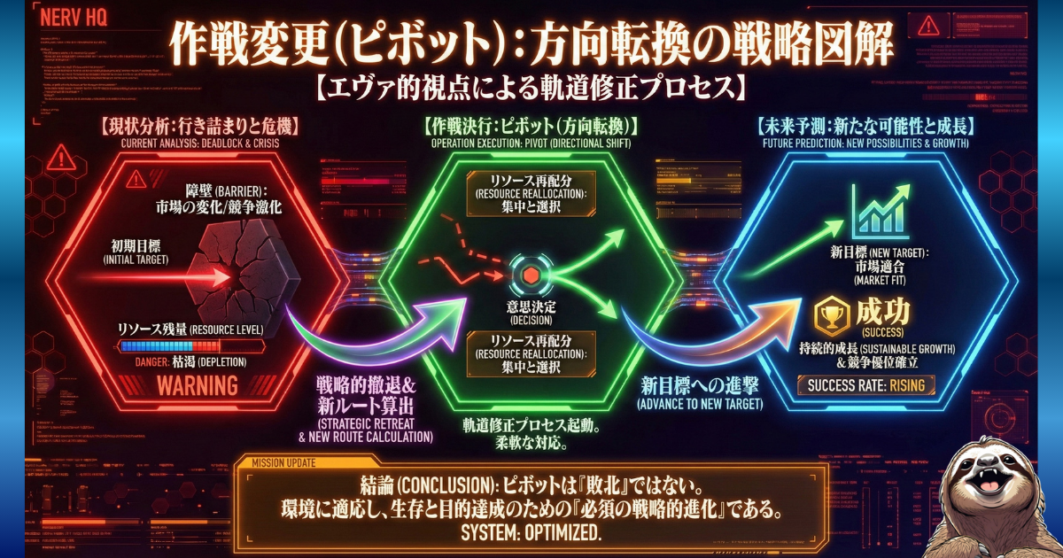 【図解】戦略的撤退としての「ピボット（方向転換）」のプロセス：行き詰まりやリソース枯渇（危機）に対し、作戦を変更して新ルートを算出する軌道修正図。目標を変えることは敗北ではなく、環境に適応し成功するための「戦略的進化」であるという解説