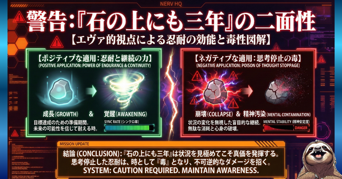 【図解】ことわざ「石の上にも三年」のメリットとデメリット：目的のある忍耐は「成長と覚醒」をもたらすが、思考停止した盲目的な継続は「崩壊と精神汚染」を招くというエヴァ風比較図。状況に応じた見極めの重要性を解説