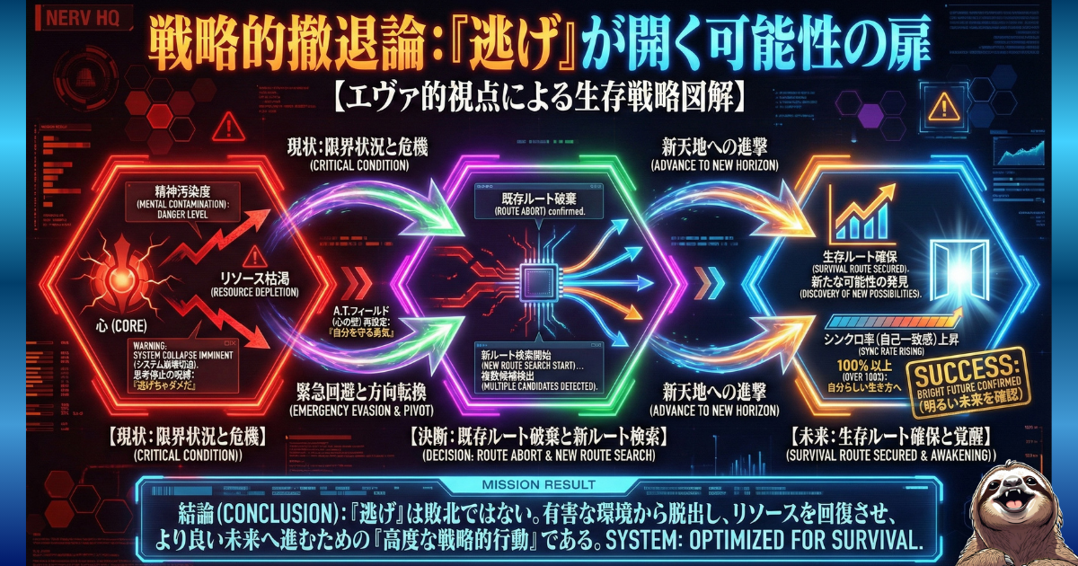 【図解】戦略的撤退論の全貌：「逃げ」とは敗北ではなく、精神汚染やリソース枯渇（限界状況）から脱出し、新ルートを検索して未来の可能性を開く「高度な戦略的行動」であるというエヴァ風解説図