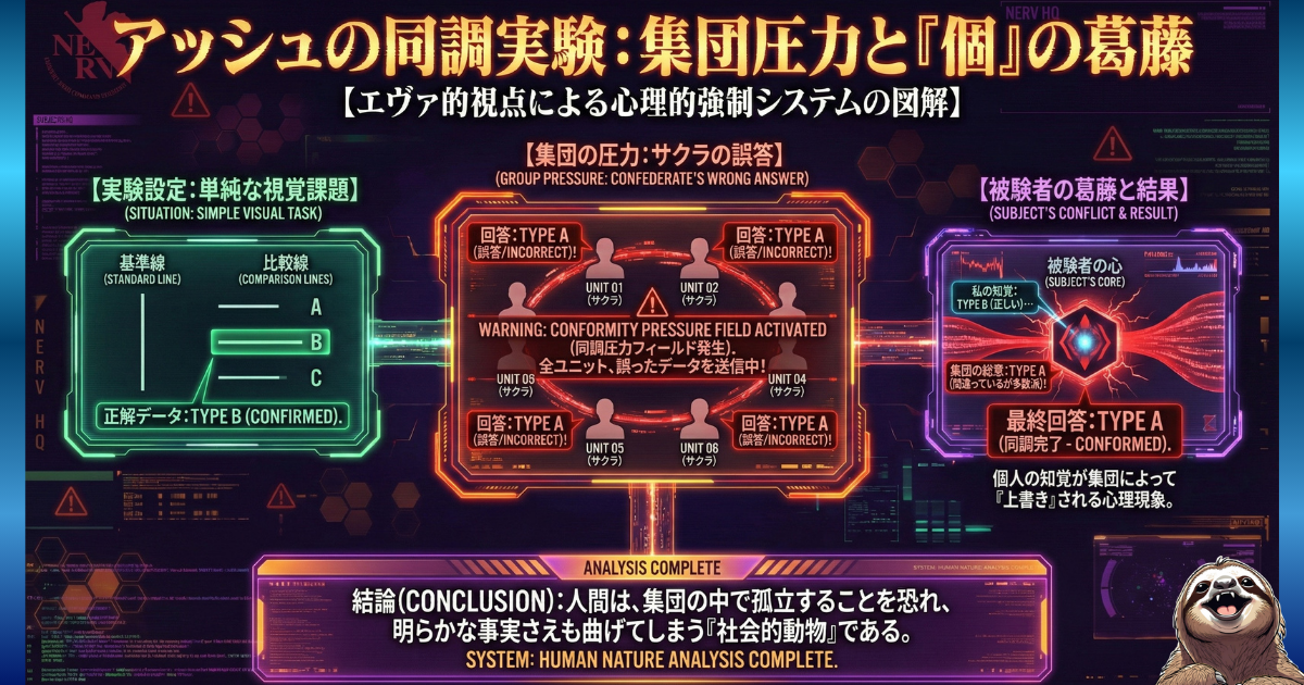 【図解】アッシュの同調実験のエヴァ風解説：明らかに正解（TYPE B）が分かる状況でも、集団（サクラ）が誤答（TYPE A）を選ぶと、個人の知覚が歪められ同調してしまう心理現象。「逃げられない」原因となる集団圧力のメカニズム