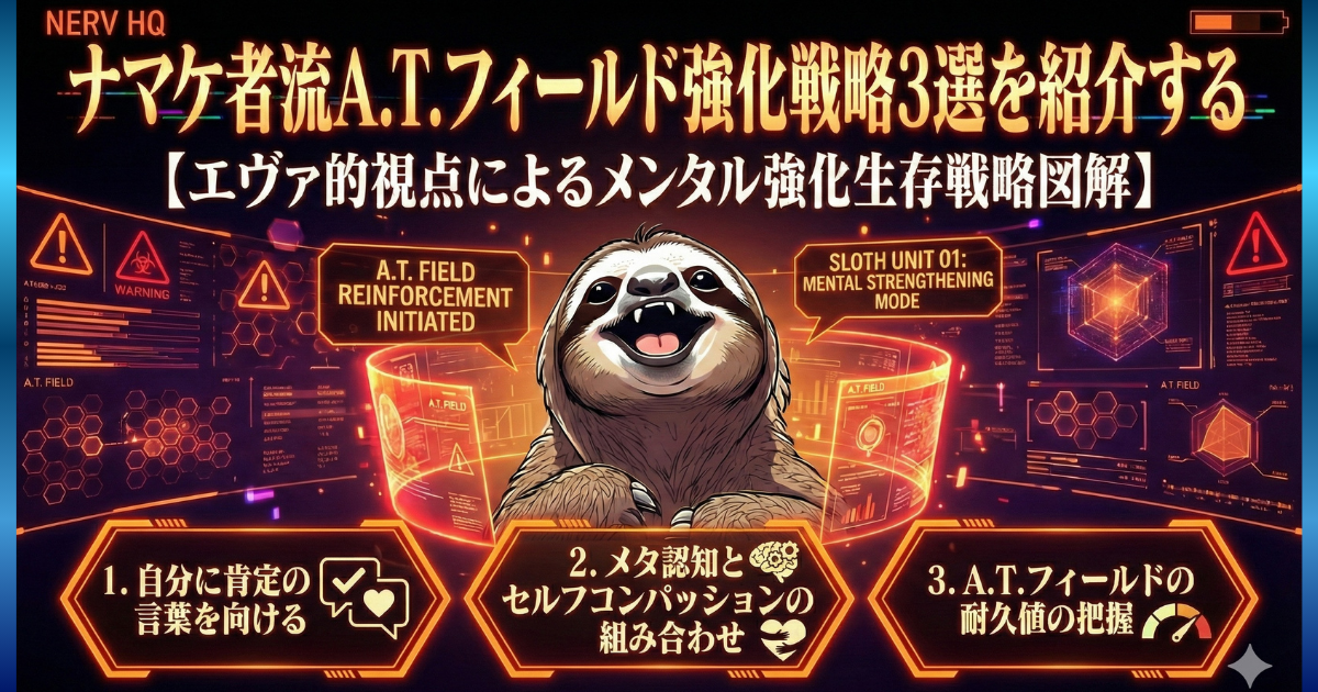 【図解】ナマケ者流A.T.フィールド（メンタル）強化戦略3選：1.自分に肯定の言葉を向ける（自己受容）、2.メタ認知とセルフコンパッションの組み合わせ（客観視と慈悲）、3.A.T.フィールドの耐久値の把握（限界を知る）による生存戦略まとめ