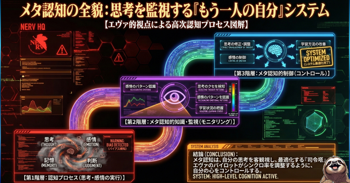 【図解】メタ認知（思考の監視システム）の全貌：1.認知プロセス（思考・感情の実行）、2.メタ認知的監視（モニタリング）、3.メタ認知的制御（コントロール）の3階層モデル。感情に飲み込まれず、客観的に自分を調整する心理テクニック