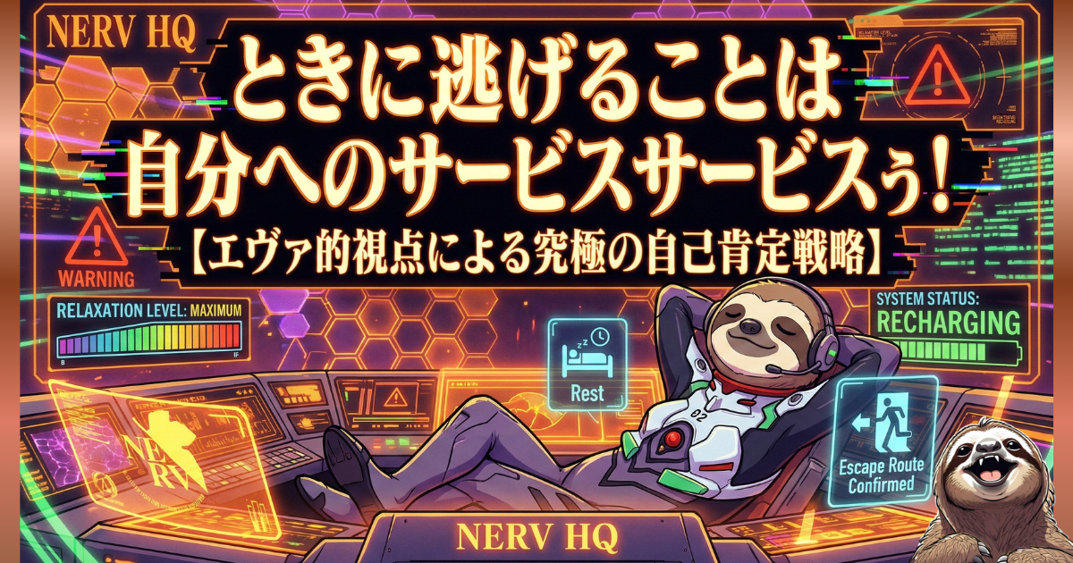 【イラスト】「ときに逃げることは自分へのサービスサービスゥ！」：エヴァの次回予告パロディで、休息（逃げ）は自分自身への最高のご褒美（サービス）であると説くナマケモノ。罪悪感を捨て、リラックスしてエネルギーを充電することの重要性