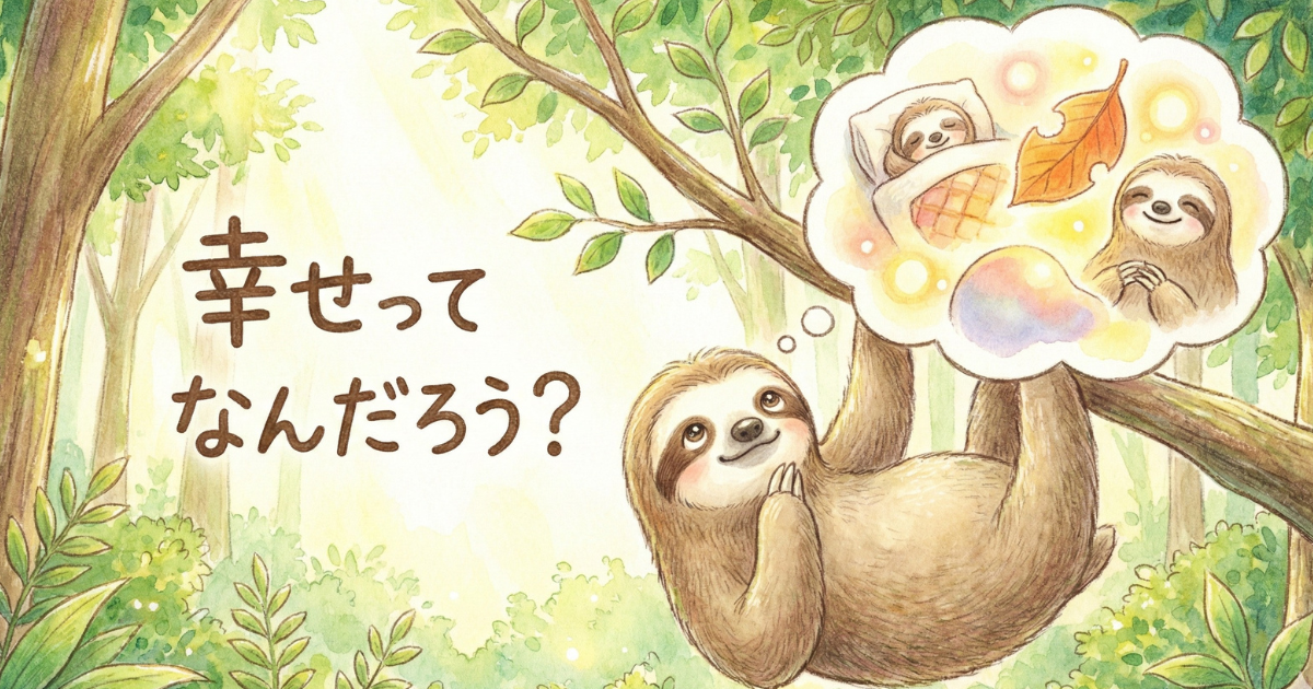 【イラスト】「幸せってなんだろう？」と問いかけるナマケモノ：睡眠や自然などの日常の些細な瞬間に幸せを見出す様子を描いた水彩画風の画像。「幸せに生きられない」と感じる脳のクセを見直し、本当の幸福感を探求する記事の導入図