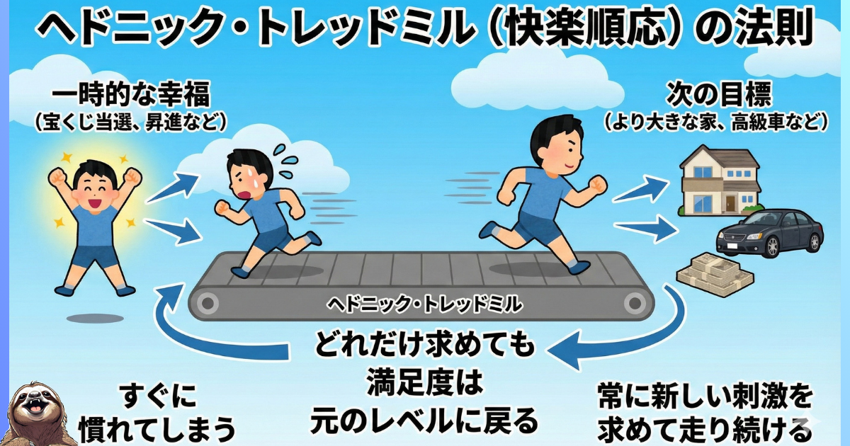 【図解】ヘドニック・トレッドミル（快楽順応）の法則：一時的な幸福（昇進や当選）にすぐに慣れてしまい、より大きな刺激（家・車）を求めて永遠に走り続ける脳のメカニズム。どれだけ手に入れても満足度が元のレベルに戻る理由