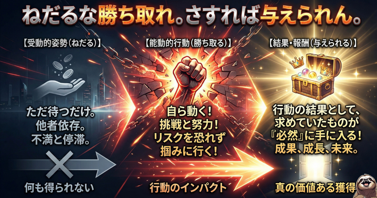 【図解】「ねだるな、勝ち取れ。さすれば与えられん。」の意味：幸福は他者にねだる（受動）ものではなく、自らの行動で勝ち取る（能動）ことで必然的に与えられるという心理学的マインドセット。主体性を取り戻し、人生を変えるための教訓
