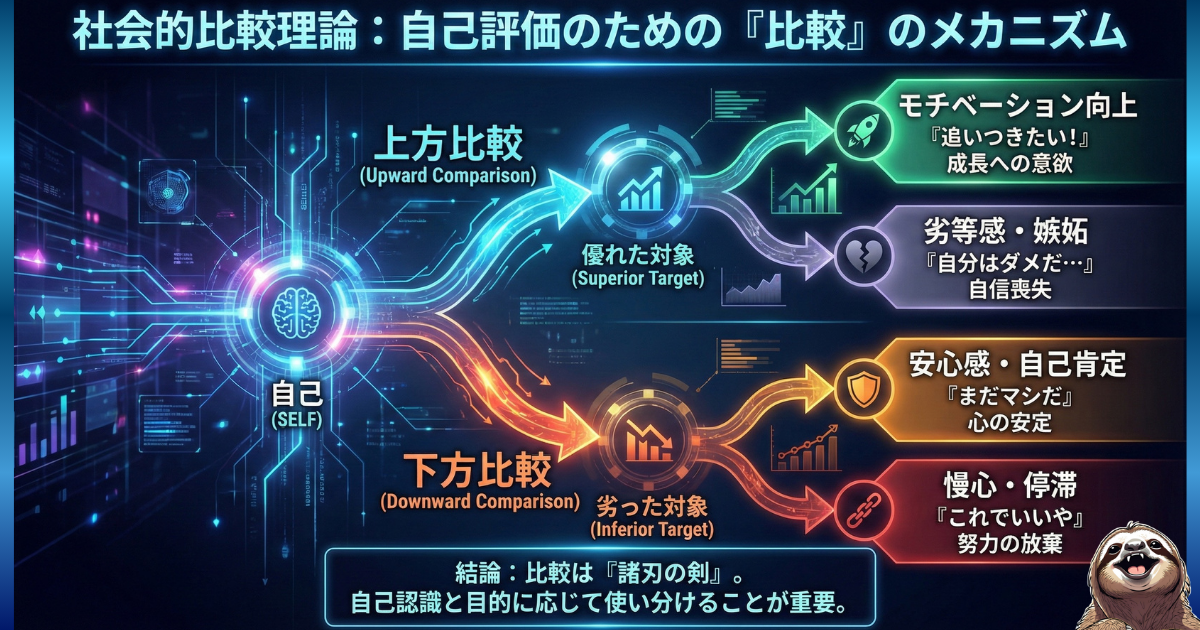 【図解】社会的比較理論のメカニズム：自分を他者と比べる心理には「上方比較（目標・劣等感）」と「下方比較（安心・慢心）」があり、それぞれにメリットとデメリットが存在するという解説図。自己評価のために比較を使い分ける重要性