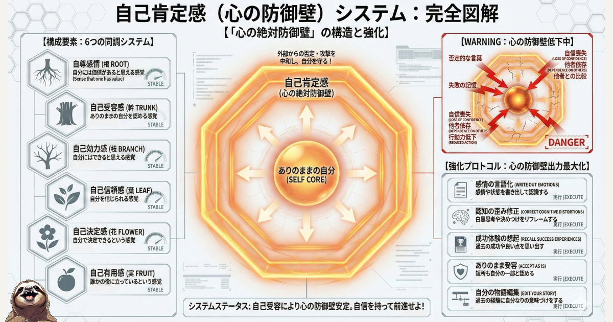 【図解】自己肯定感（心の防御壁）の完全構造：自尊感情（根）、自己受容感（幹）、自己効力感（枝）、自己信頼感（葉）、自己決定感（花）、自己有用感（実）の6要素と、それぞれの育て方を解説したシステム図