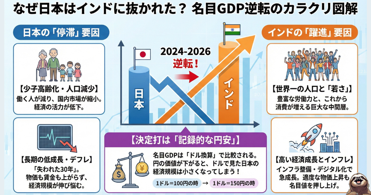 【図解】なぜ日本はインドに抜かれた？名目GDP逆転のカラクリ：日本の「停滞要因（少子高齢化・デフレ）」とインドの「躍進要因（人口増・インフレ）」、そして決定打となった「記録的な円安」によるドル換算の影響を解説した比較図