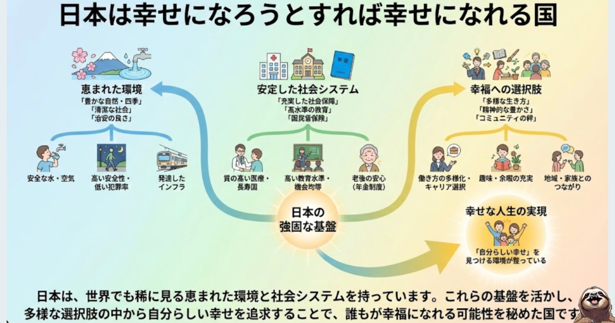 【図解】「日本は幸せになろうとすれば幸せになれる国」の根拠：世界有数の恵まれた環境（治安・自然）、安定した社会システム（医療・教育）、多様な選択肢という「強固な基盤」を可視化したイラスト。経済以外の豊かさの再評価