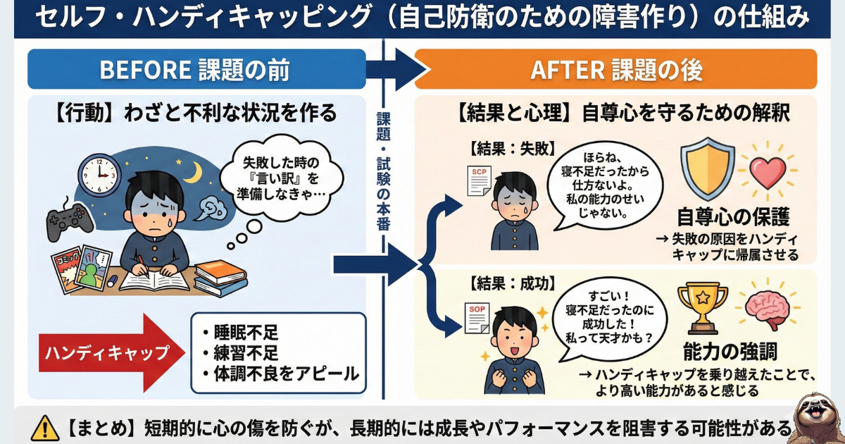 【図解】セルフ・ハンディキャッピングの仕組み：課題の前にわざと寝不足などの障害を作り、失敗した時は「言い訳（自尊心の保護）」にし、成功した時は「能力の強調」にする心理操作。短期的には心を守るが、長期的には成長を阻害するリスクがある