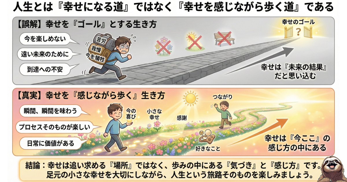 【図解】人生とは「幸せになる道」ではなく「幸せを感じながら歩く道」である：未来のゴール（結果）ばかり見て今を犠牲にする生き方（誤解）と、瞬間瞬間のプロセスや小さな幸せを味わう生き方（真実）を対比した幸福論の結論