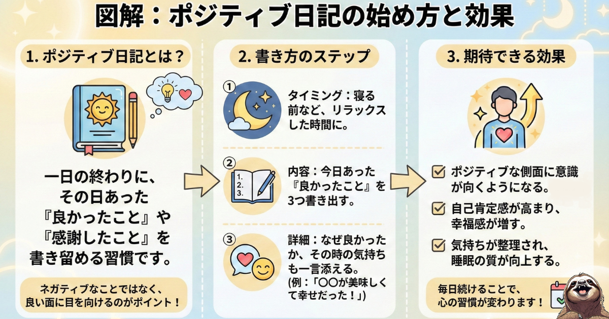 【図解】ポジティブ日記（スリーグッドシングス）の始め方と効果：寝る前に「今日あった良かったこと」を3つ書き出すだけの心理学メソッド。ポジティブ思考への矯正、自己肯定感の向上、睡眠の質の改善などのメリットを解説