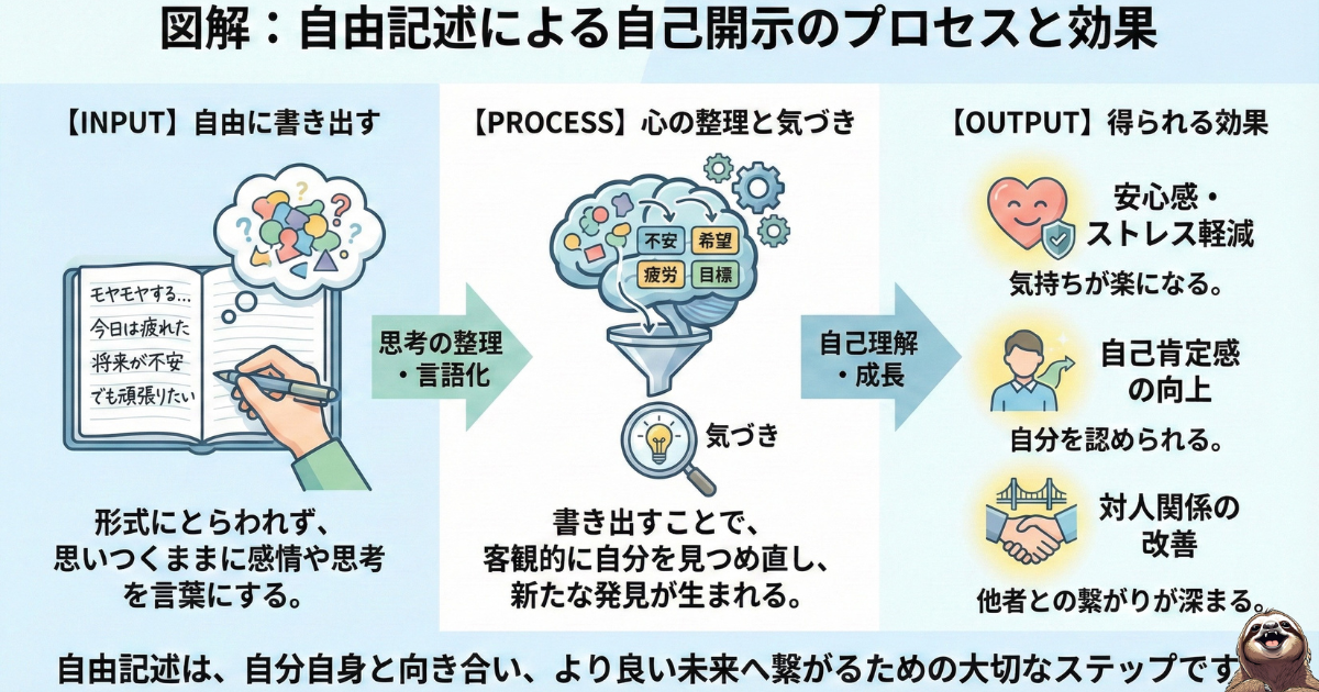 【図解】自由記述（エクスプレッシブ・ライティング）のプロセスと効果：不安や感情をありのままに書き出す（INPUT）ことで、脳内の思考が整理・言語化され（PROCESS）、ストレス軽減や自己肯定感の向上、人間関係の改善（OUTPUT）に繋がる心理療法