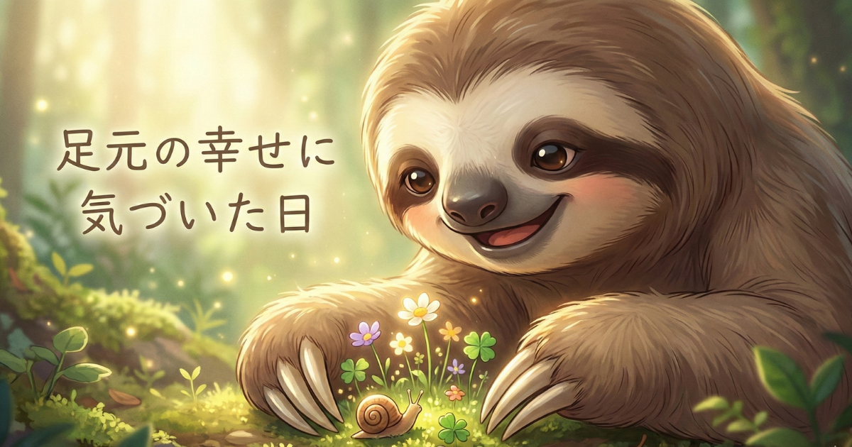 【イラスト】「足元の幸せに気づいた日」：森の中で小さな花やカタツムリを優しい表情で見つめるナマケモノ。マインドフルネスの実践により、日常の些細な風景の中に幸福を見出した瞬間を描いた、心温まる癒やしの画像
