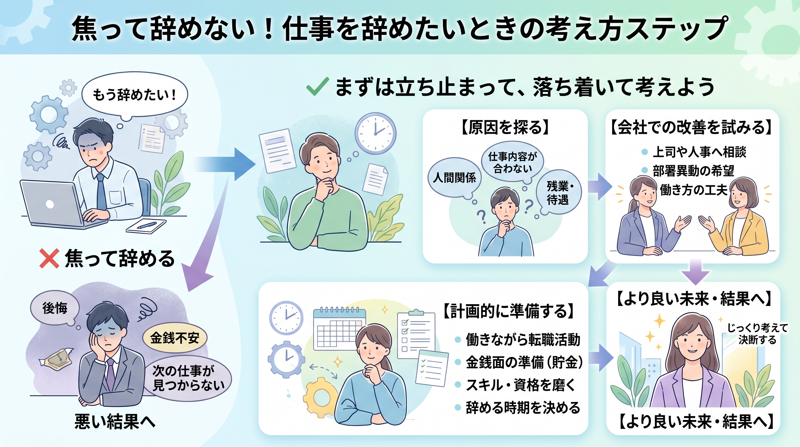 【図解】退職の決断は「冷静な時」に行う：焦りや不安で脳内が嵐のような状態（急いで決める）ではなく、リラックスして心に余裕がある状態（冷静な時）で人生の天秤にかけるべきという教訓。仕事を辞める判断ミスの回避法