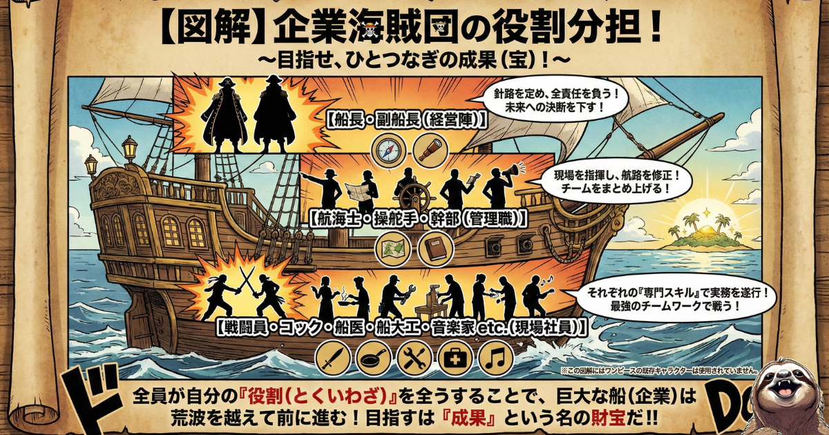【図解】企業海賊団の役割分担とチームワーク:会社組織を海賊船に例えた階層構造図。経営陣(船長)が決断し、管理職(航海士)が指揮し、現場社員(コック・戦闘員など)が専門スキルで実務を遂行する「適材適所」の仕組み