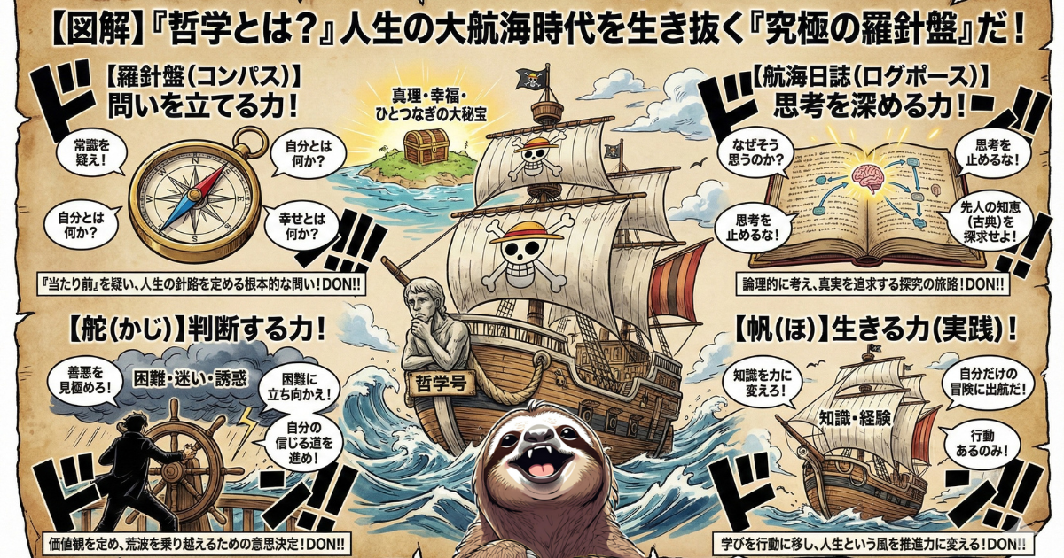 【図解】「哲学とは?」人生の大航海時代を生き抜く究極の羅針盤:1.問いを立てる力(羅針盤)、2.思考を深める力(航海日誌)、3.善悪を判断する力(舵)、4.知識を行動に変える生きる力(帆)の4要素を、海賊船の構造になぞらえて解説