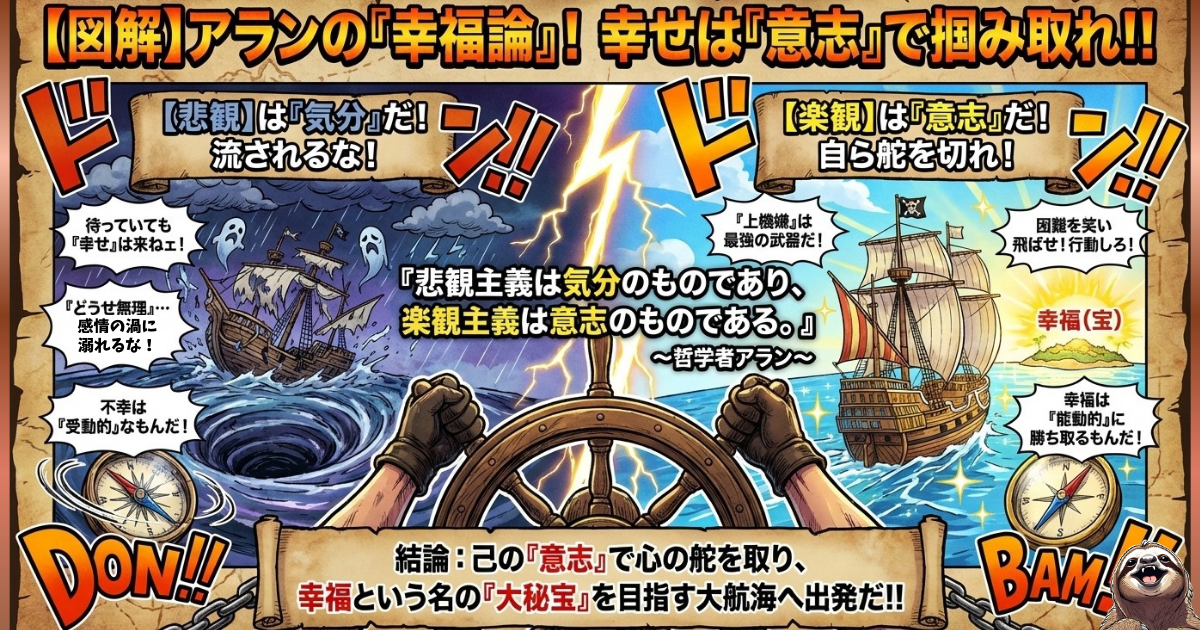 【図解】アラン『幸福論』の核心「悲観は気分、楽観は意志」:幸福は待っていても来ない(受動的)が、自らの意志で心の舵を取ることで掴み取れる(能動的)という哲学。ネガティブな感情の渦に流されず、困難を笑い飛ばすための生存戦略