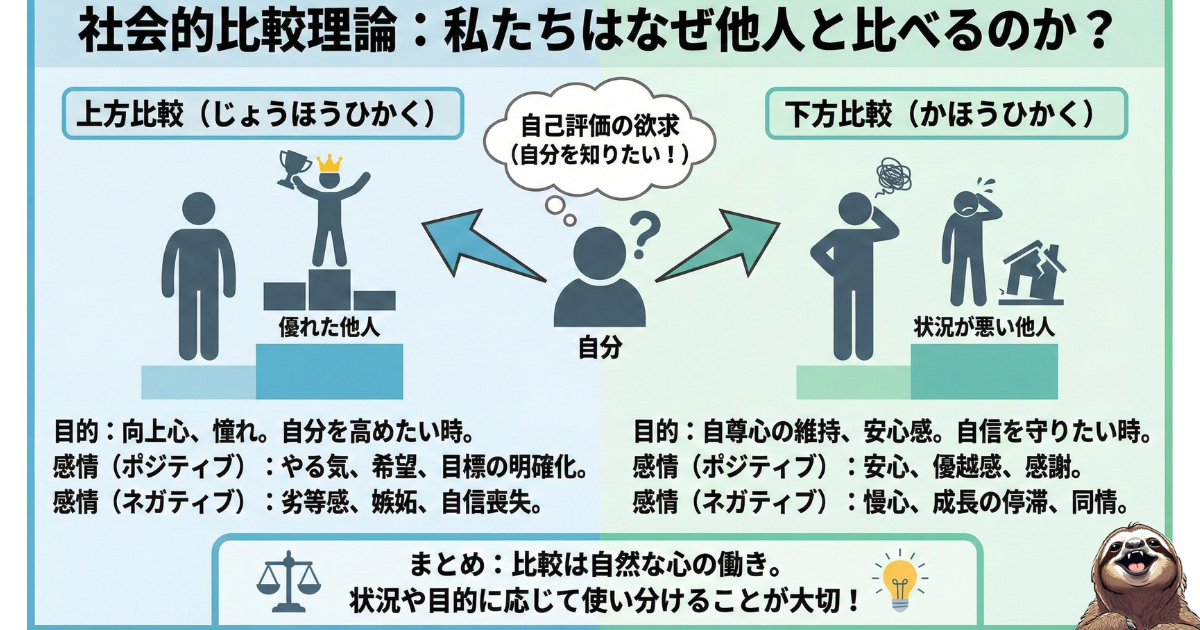 【図解】社会的比較理論（フェスティンガー）のメカニズム：自分を他人と比べる心理には、格上の相手を見て向上心を持つ「上方比較」と、格下の相手を見て安心感を得る「下方比較」があるという解説。SNS疲れや劣等感を成長に変えるための心理学