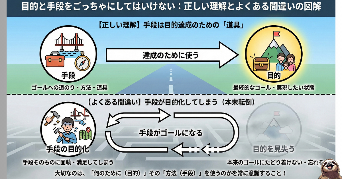 【図解】「目的と手段」の違いと「手段の目的化」の罠：手段（道具・方法）はゴール達成のために使うものであり、それ自体が目的になってしまうと本末転倒（無限ループ）に陥るという解説。SNSでの比較や承認欲求がゴールになってしまう心理の構造