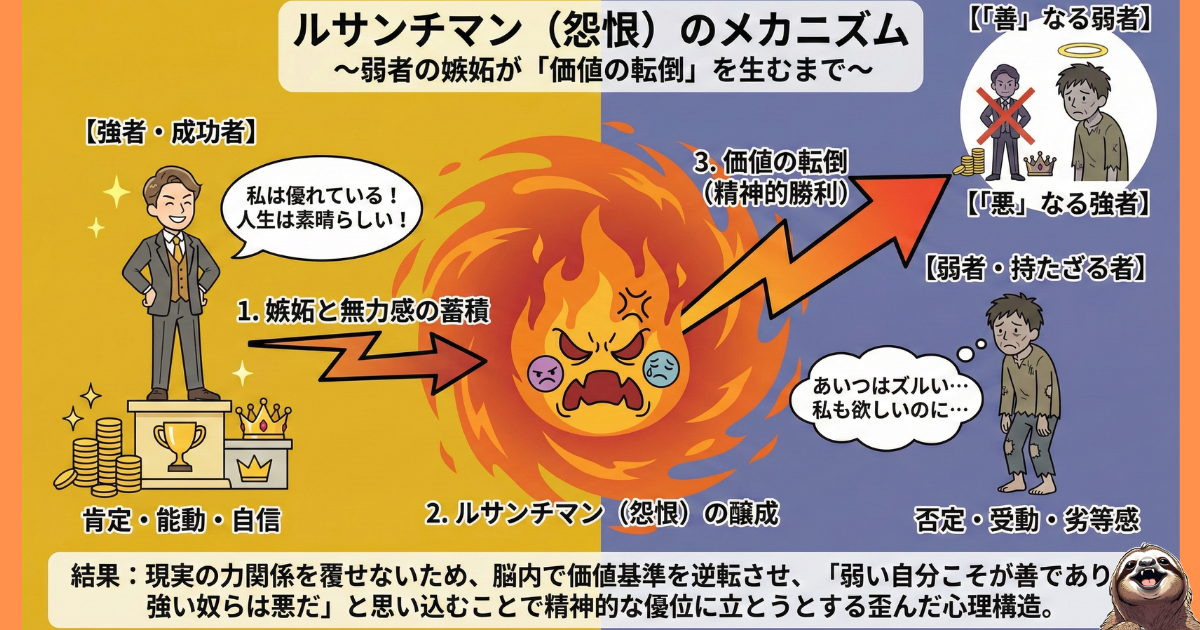 【図解】ルサンチマン（怨恨）のメカニズムと「価値の転倒」：ニーチェ哲学における、弱者が強者に対して抱く嫉妬の処理プロセス。現実の力関係を覆せないため、脳内で「弱い自分こそが善」「強い奴らは悪」と価値基準を逆転させ、精神的勝利を得ようとする歪んだ心理構造
