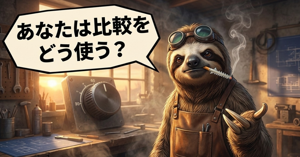 【イラスト】「あなたは比較をどう使う？」と問いかける職人風のナマケ者：他人との比較を「落ち込む原因」にするか、自分の人生を調整するための「便利な道具（ツール）」として使うか。SNS疲れを克服し、主体的に生きるための最終的な問い