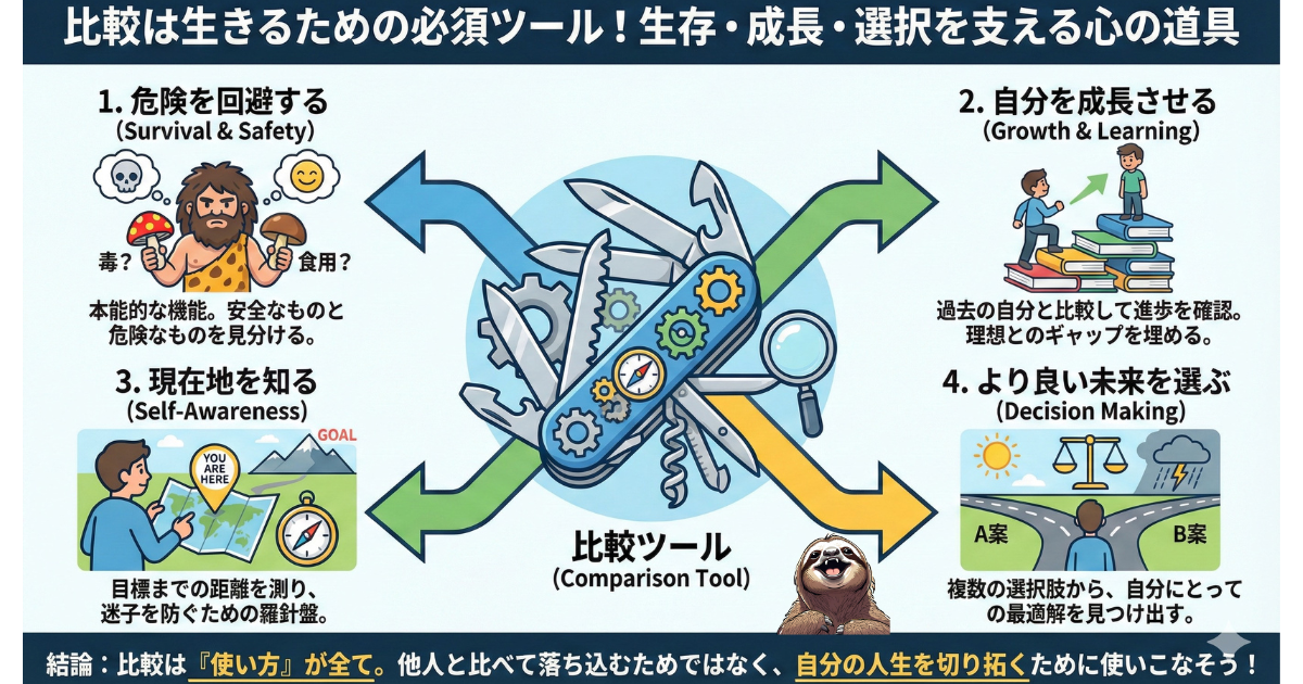 【図解】比較は生きるための必須ツール：比較癖を直すのではなく、1.危険回避、2.自己成長、3.現在地把握、4.未来選択という4つの機能を持つ「心の道具」として正しく使いこなすための心理学解説。SNS疲れを解消し、人生を切り拓くためのマインドセット