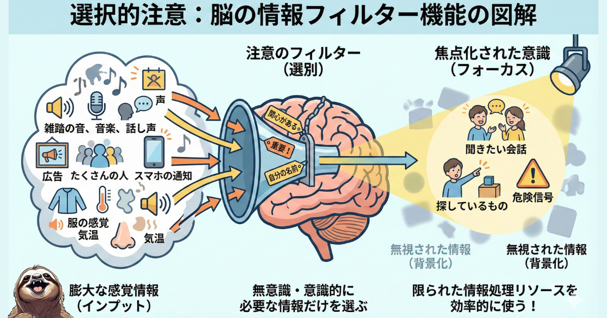 【図解】選択的注意（脳の情報フィルター機能）のメカニズム：膨大な感覚情報（インプット）の中から、「関心がある・重要・自分の名前」など特定の情報だけを選別し、意識を焦点化する心理学的な仕組み。SNSで他人の成功ばかりが目につく理由を解説