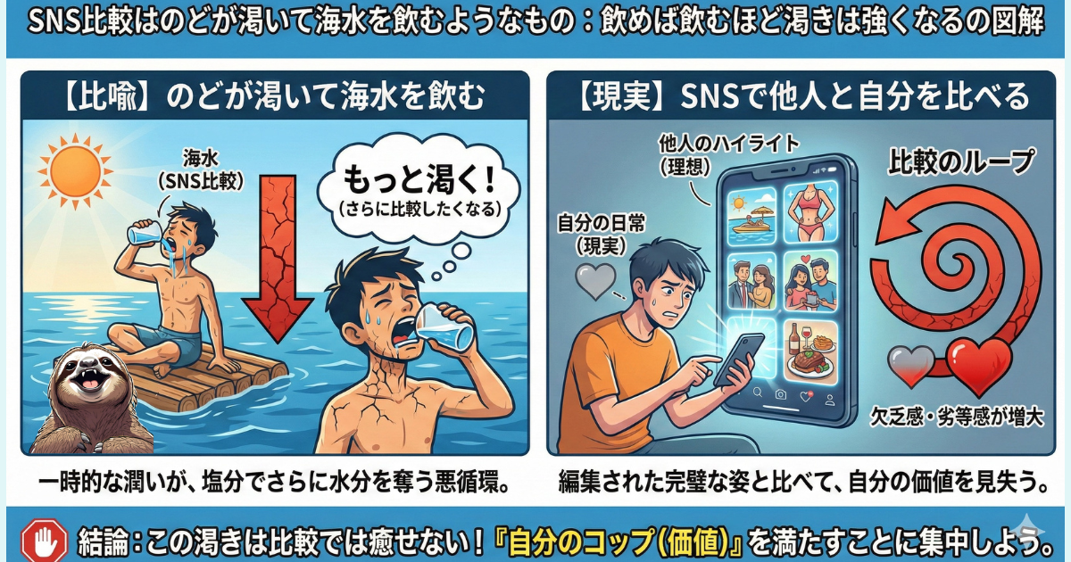 【図解】SNS比較は「のどが渇いて海水を飲む」ようなもの：飲めば飲むほど渇き（承認欲求や劣等感）が強くなる悪循環のメカニズム。他人のハイライトと自分の日常を比較しても心は満たされず、欠乏感だけが増大するという心理的警告