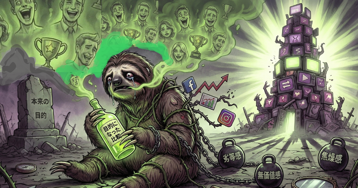 【イラスト】SNS比較の末路：本来の目的を見失い（墓標）、「比較」という名の毒を飲み続けるナマケ者。劣等感・無価値感・焦燥感という鎖に縛られ、他人の成功やSNSの幻影に苦しめられる「手段の目的化」の悲劇的な結末
