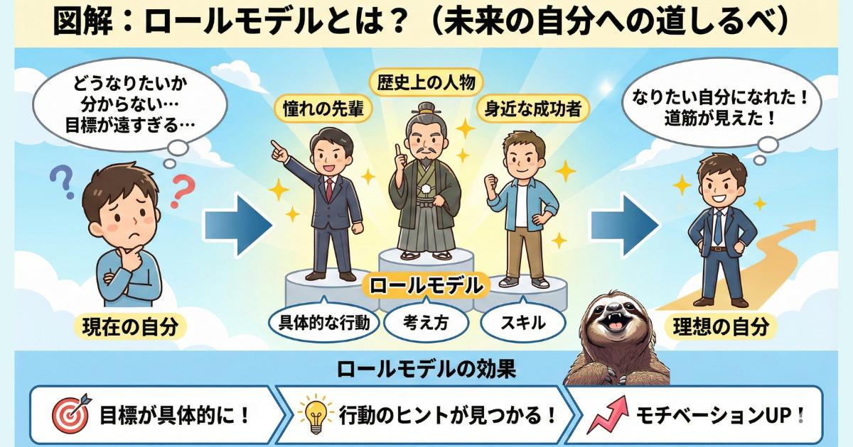 【図解】ロールモデルとは？未来の自分への道しるべ：漠然とした不安を抱える「現在の自分」が、憧れの先輩や歴史上の人物などの「ロールモデル」を模倣することで、具体的な行動や思考法を学び「理想の自分」へと成長するプロセス。モチベーション向上の心理学