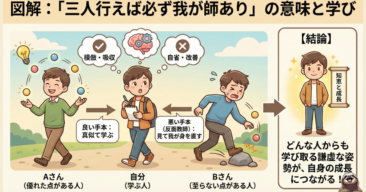 【図解】孔子の格言「三人行えば必ず我が師あり」の意味と学び：優れた人からは「模倣・吸収」し、至らない人からは「自省・改善（反面教師）」するという、他人との比較を全て自己成長に繋げるための思考法。論語に学ぶ最強の処世術