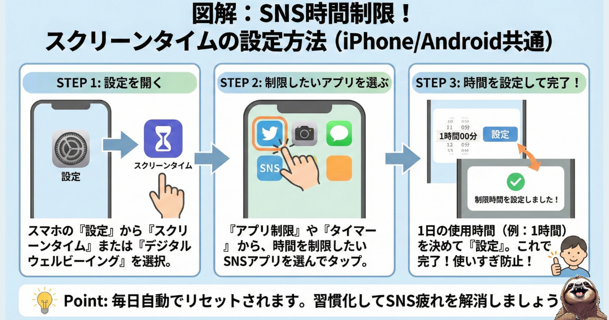 【図解】SNS時間制限の設定方法（iPhone/Android共通）：1.設定から「スクリーンタイム」または「デジタルウェルビーイング」を選択、2.制限したいSNSアプリを選ぶ、3.1日の使用時間を設定して完了するまでの3ステップ手順解説
