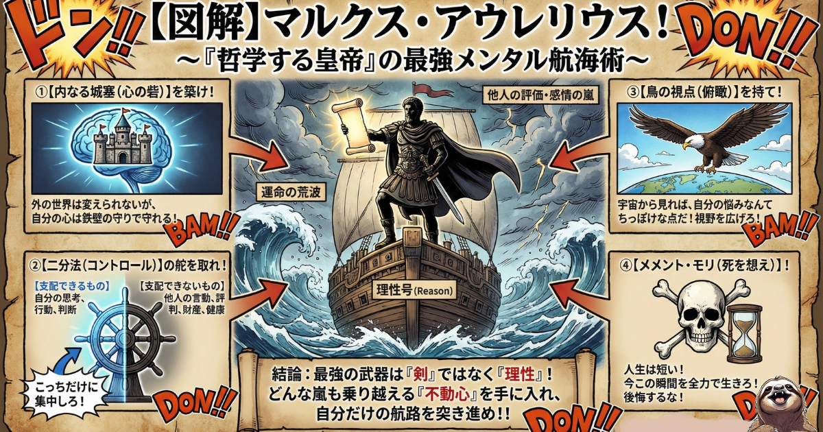 【図解】マルクス・アウレリウス（自省録）の最強メンタル術：1.内なる城塞（心の守り）、2.コントロールの二分法（選択と集中）、3.鳥の視点（客観視・メタ認知）、4.メメント・モリ（死を想う）という、ストア派皇帝が実践した4つの哲学的航海術