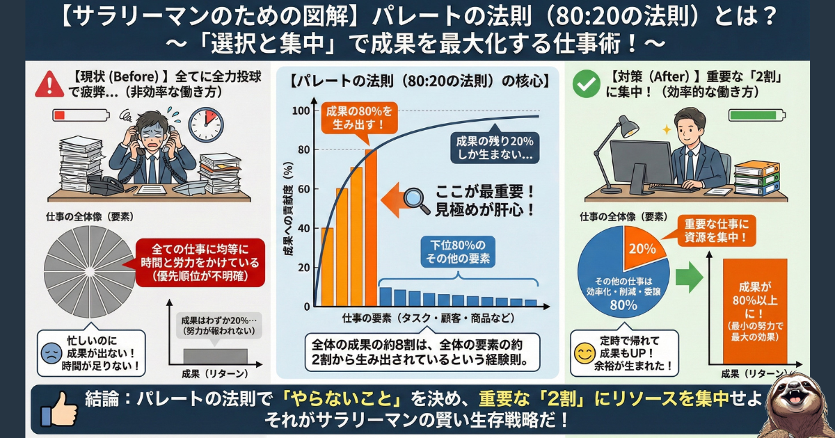 【図解】パレートの法則（80:20の法則）と仕事の効率化：成果の80%は全体の要素の2割から生まれるという経験則。全ての仕事に全力投球する非効率な働き方から、重要な2割にリソースを集中させる「選択と集中」へのシフトを解説したチャート