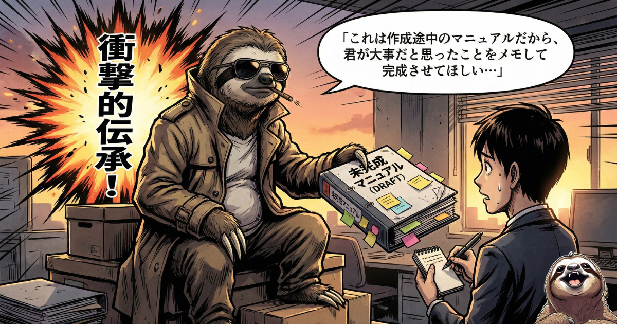 【イラスト】新人教育の裏ワザ「未完成マニュアル」の伝承：上司があえて作成途中のマニュアル（ドラフト版）を渡し、「君がメモして完成させてほしい」と任せる様子。新人に当事者意識を持たせ、能動的に仕事を覚えさせるための戦略的指導法