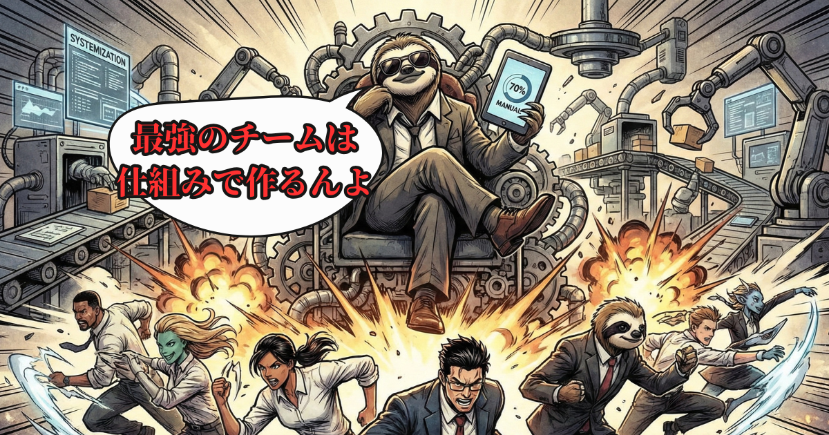 【イラスト】最強のチームは仕組みで作る：精神論や個人の記憶（メモ）に頼らず、業務を「仕組み化（マニュアル化）」することで組織を自動運転させるナマケモノ上司の図。リーダーの役割は現場で走ることではなく、誰もが成果を出せるシステムを作ることだと説く
