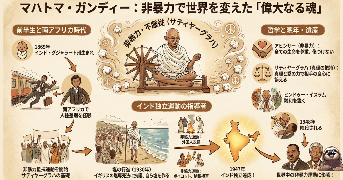 【図解】マハトマ・ガンディーの生涯と非暴力の哲学:南アフリカでの被差別体験から、「塩の行進」などの非暴力・不服従運動(サティヤーグラハ)を経てインド独立を達成するまでの軌跡。武力を使わず世界を変えた歴史的リーダーの生存戦略