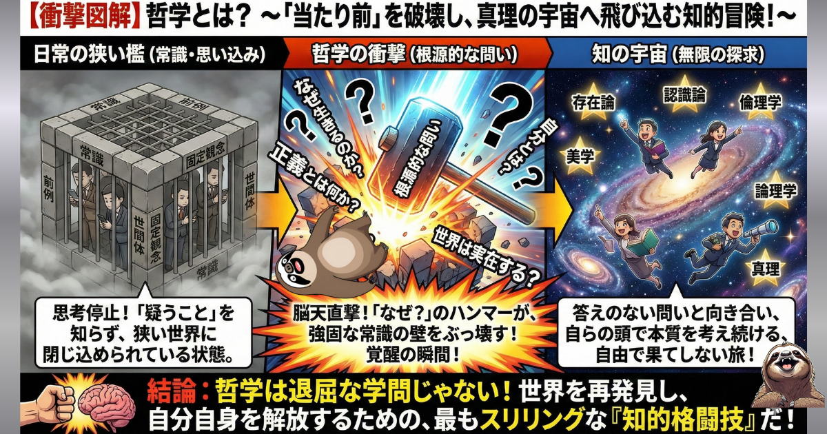 【図解】哲学とは何か?:「常識」や「固定観念」という狭い檻を、「なぜ?」という根源的な問い(ハンマー)で破壊し、真理の宇宙へ飛び出す知的冒険であることを示したイラスト。思考停止から脱却し、自分の頭で本質を考えることの重要性を説く