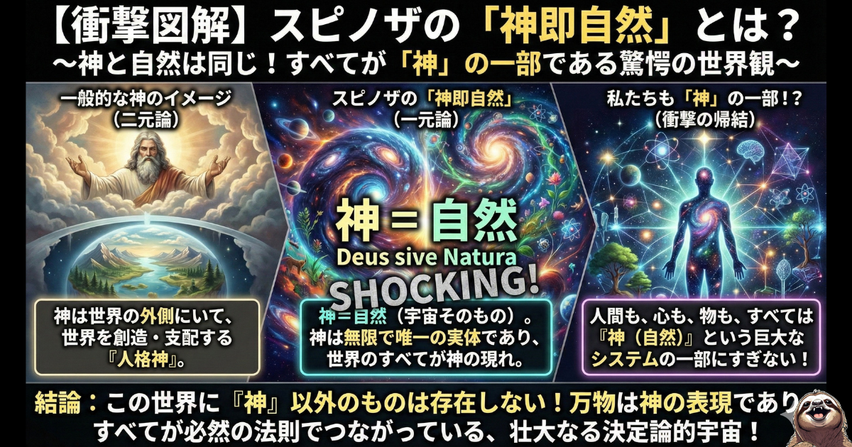 【衝撃図解】スピノザの「神即自然(Deus sive Natura)」とは:一般的な「人格神(二元論)」と、スピノザが説く「神=自然(一元論・汎神論)」の違いを比較したチャート。人間も万物も神という巨大なシステムの一部であり、すべては必然の法則で繋がっている決定論的世界観