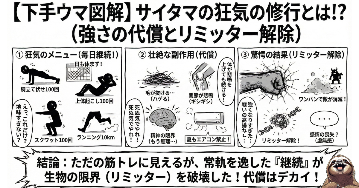 【下手ウマ図解】ワンパンマン・サイタマの強さの秘密と代償:腕立て・腹筋・スクワット100回、ランニング10kmという「狂気のメニュー」を毎日継続した結果、毛が抜ける(ハゲる)副作用と引き換えに、生物のリミッターを解除し最強になったプロセス